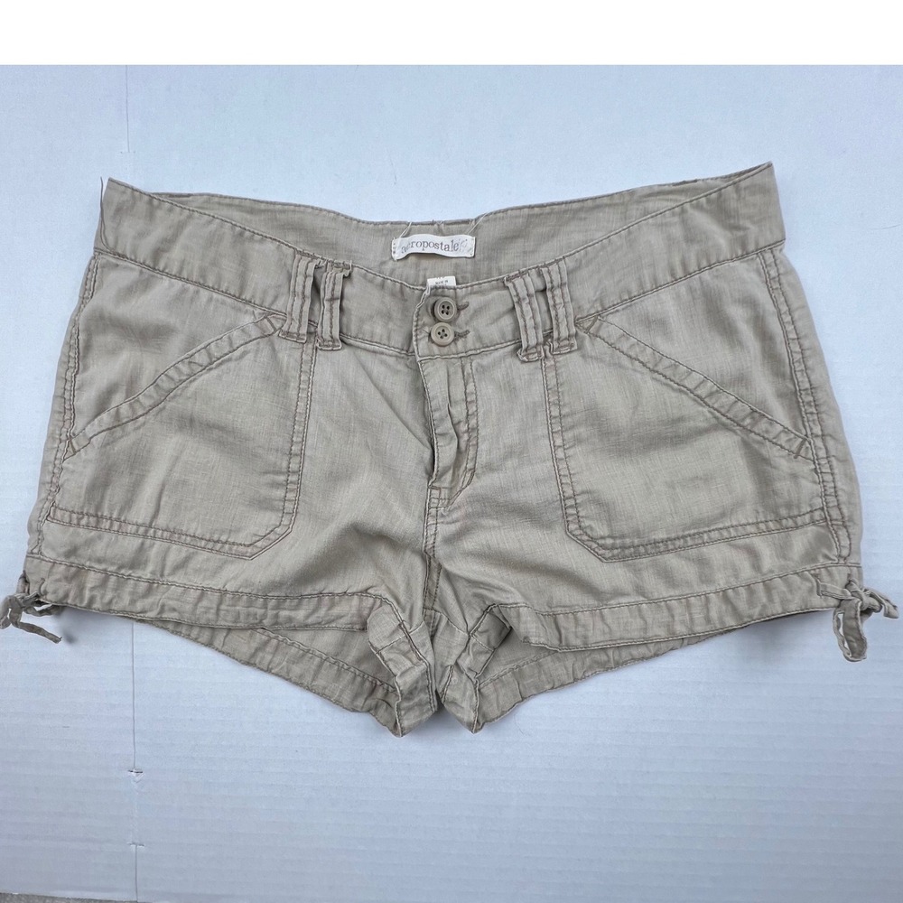 VTG AEROPOSTALE Linen Blend Shorts Womens 7/8 Beige Tie Hem Y2K Boho Coastal